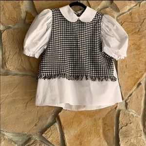 Zara white puff sleeves check overlay top sz M